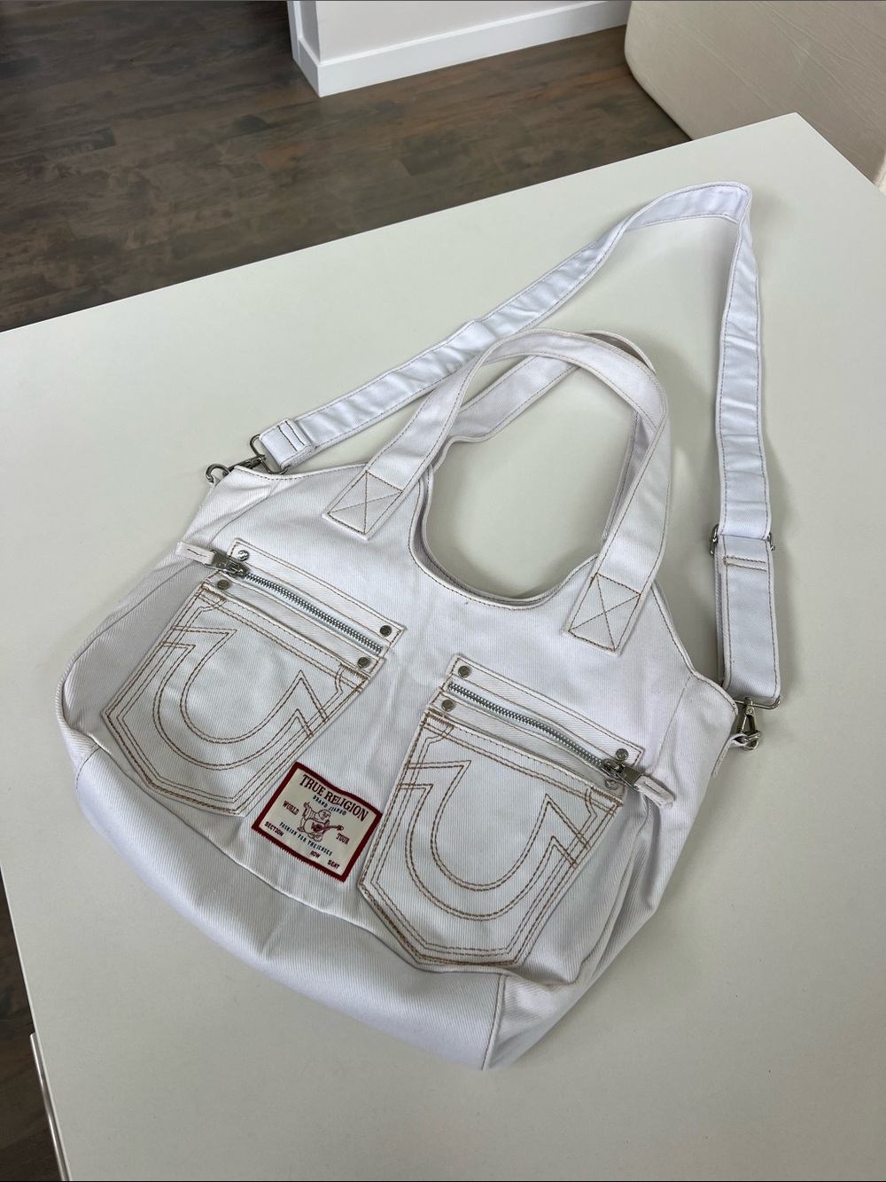 True Religion white denim jean material stitch crossbody satchel bag purse tote